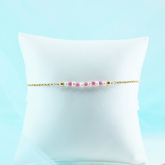 Pink Topaz & Tiny Pearl Bar Bracelet, 14k Gold Filled, Fast Shipping - Picture 3 of 10